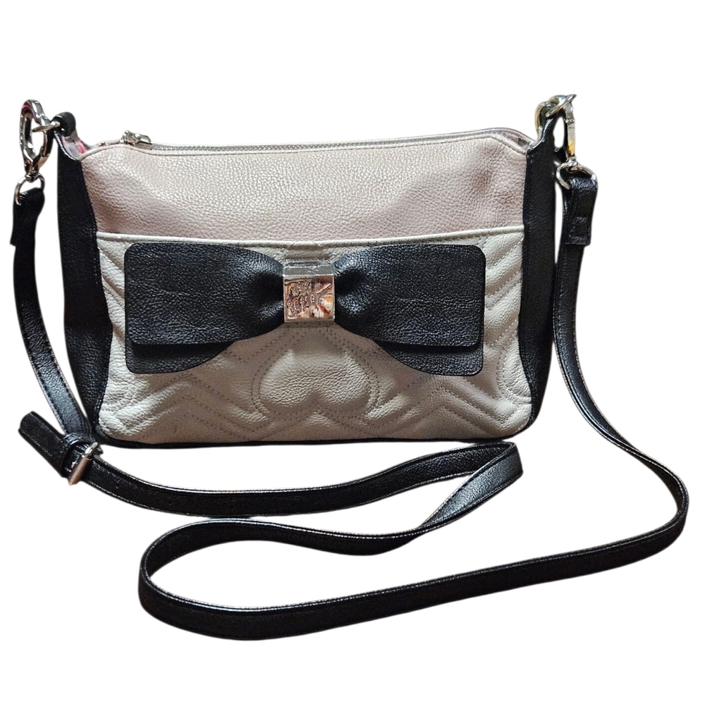 Betsey Johnson Bow Crossbody Bag – Pink, Cream & Black Heart Quilted
